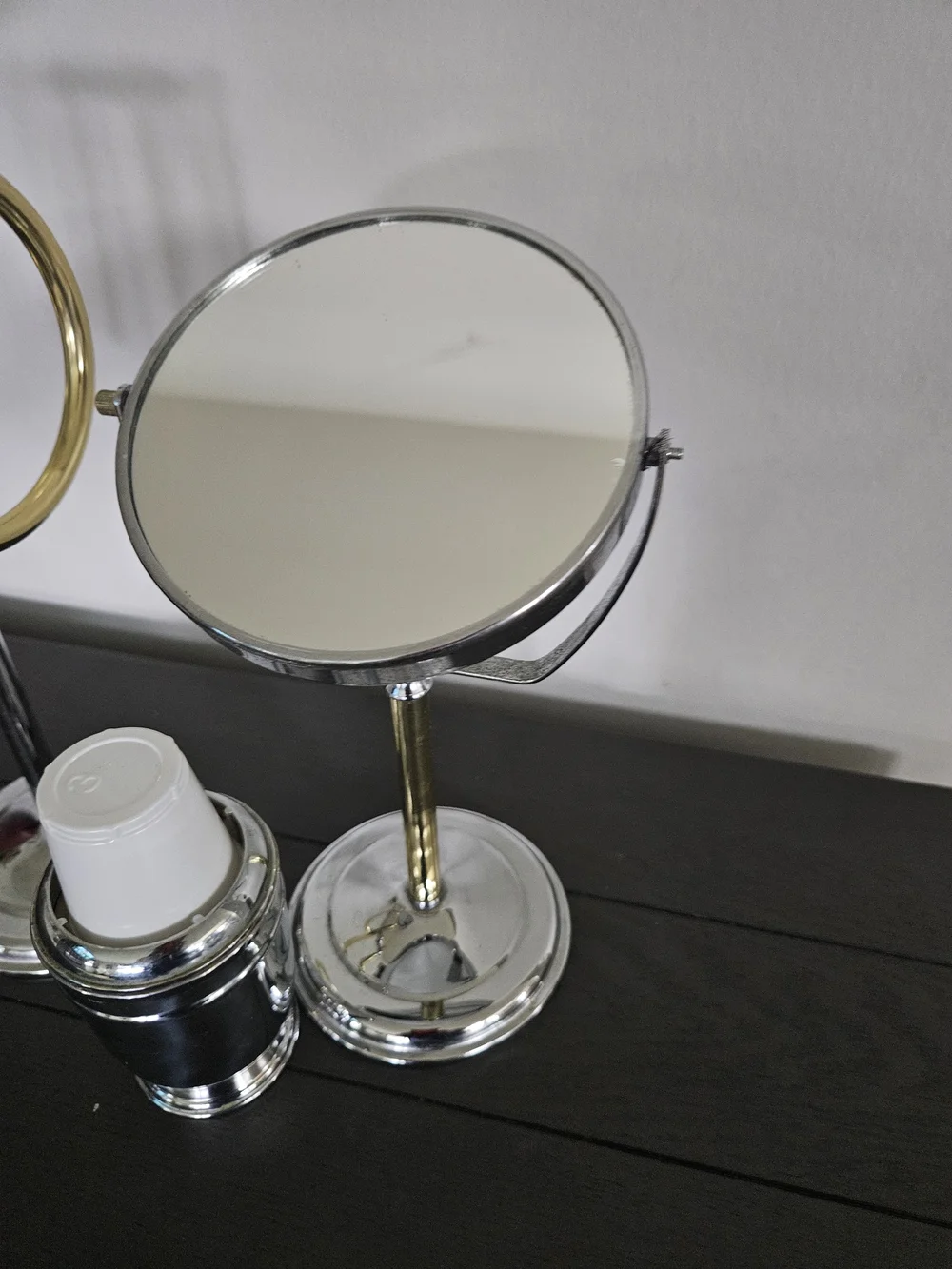 Chrome and Gold Double-Tone Vanity Set with Round Mirror